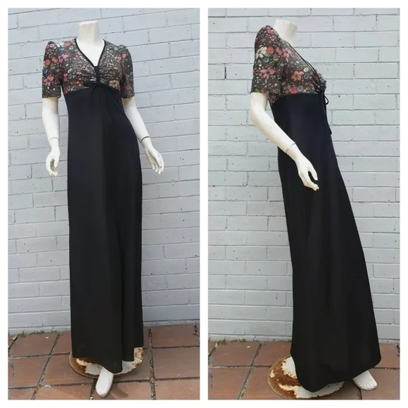 VTG 1970s Lurex Lame Metallic Floral Print Bow Maxi Cocktail Gown Dress Small 8 - Picture 2 of 9